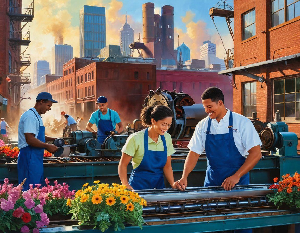 A bustling manufacturing scene in Lexington, blending steel machinery with joyful workers smiling and engaging in teamwork. In the background, a vibrant city skyline symbolizes growth, while gears and tools interweave with bright flowers, representing happiness. The overall atmosphere is one of harmony between industry and personal fulfillment. super-realistic. vibrant colors. dynamic composition.