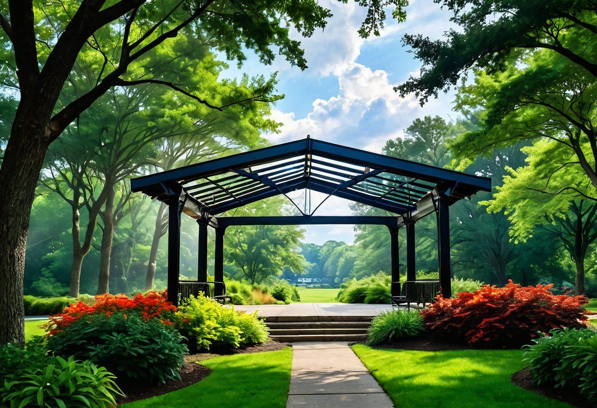 A serene landscape featuring a shiny steel structure symbolizing strength and wellbeing amidst lush greenery in Lexington, Kentucky. The sun rays filter through clouds, casting a warm glow over the scene, enhancing feelings of happiness and tranquility. Include cheerful people engaging in outdoor activities, promoting community and joy, with vibrant colors to evoke a sense of upliftment. painting. bright colors. nature-inspired.