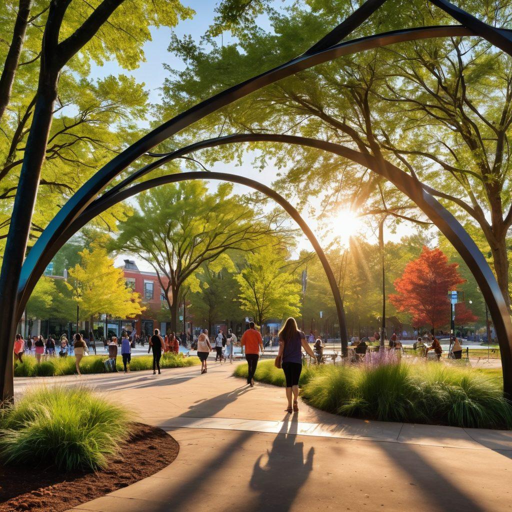 A serene scene of a bustling urban park in Lexington, with people enjoying joyful moments, intertwined with artistic steel structures symbolizing resilience and happiness. Include sunlight filtering through trees, families laughing, and a gentle breeze rustling through grass, creating a sense of harmony. Vibrant colors, super-realistic.